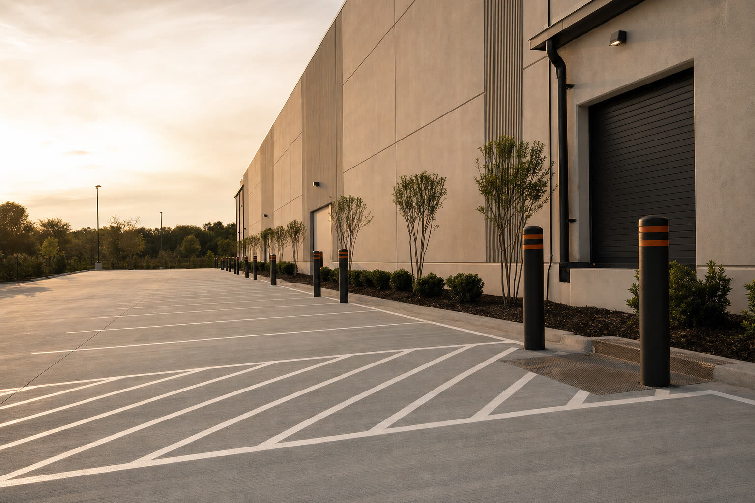 Well-maintained warehouse exterior with striped lot and bollards at golden hour