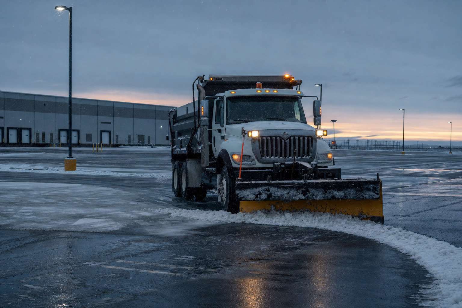 Snow plow clearing a warehouse parking lot at dawn during a winter storm